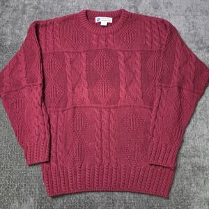 Vtg Made In USA Cable Knit Sweater Mens Large Wimbledon By Racquet Club Burgundy